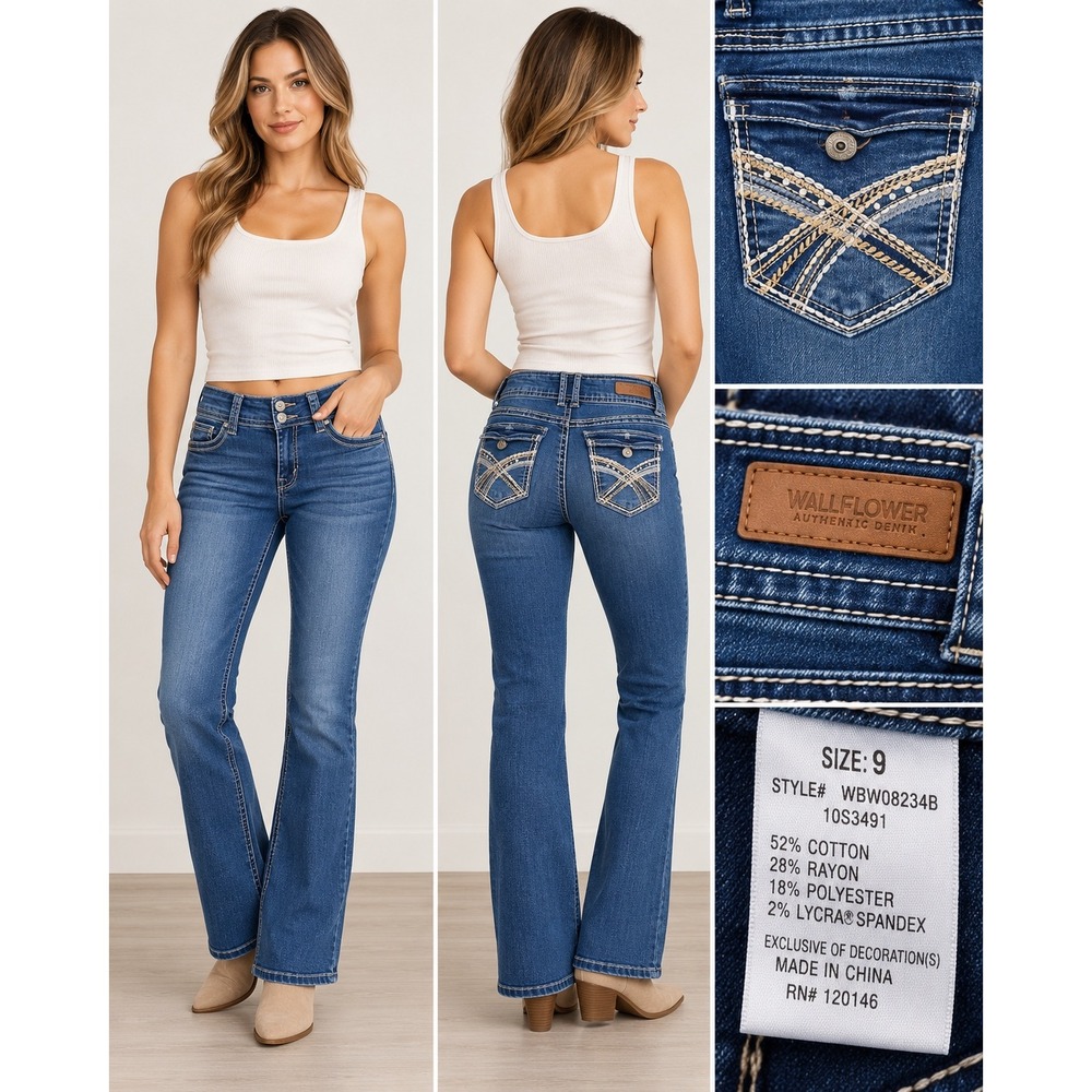 WallFlower Women's Bootcut Jeans Size 9 Stretch Medium Wash Embellished Pockets
